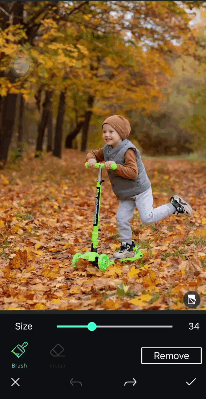 an original photo of a kid riding a  scooter in a forest with autumn leaves and the kid removed photo edited by PhotoDirector